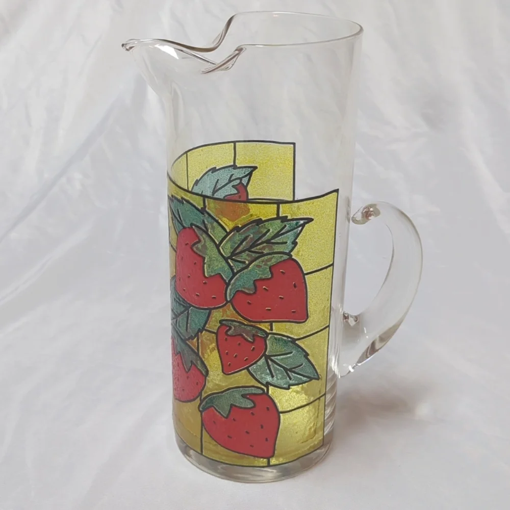 West Virginia Strawberry Stained Glass MCM Drink Cocktail Pitcher Applied Handle